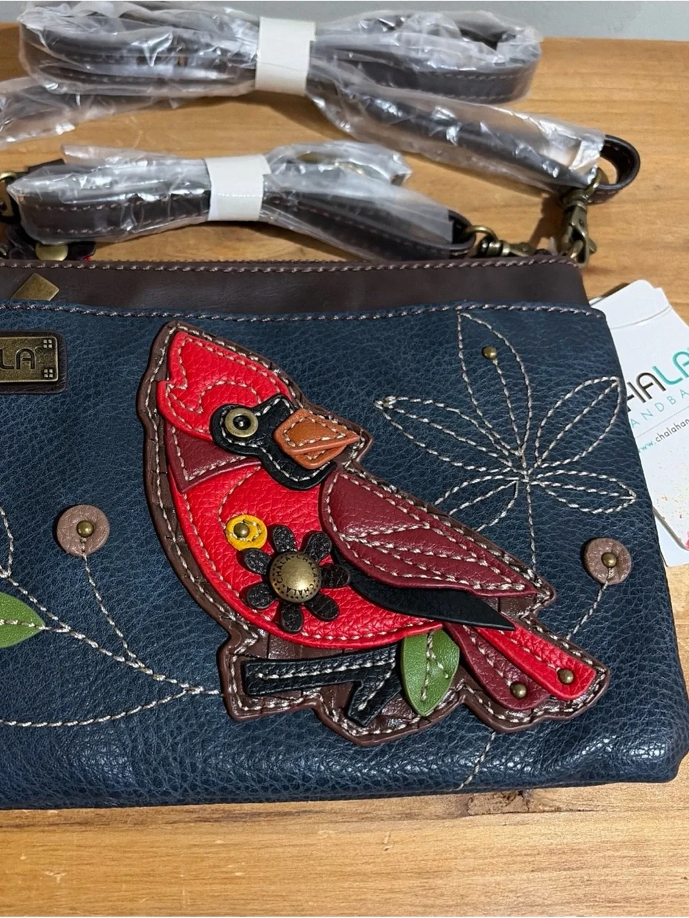 Chala Blue and Red Crossbody Bag with Cardinal Embroidery NWT